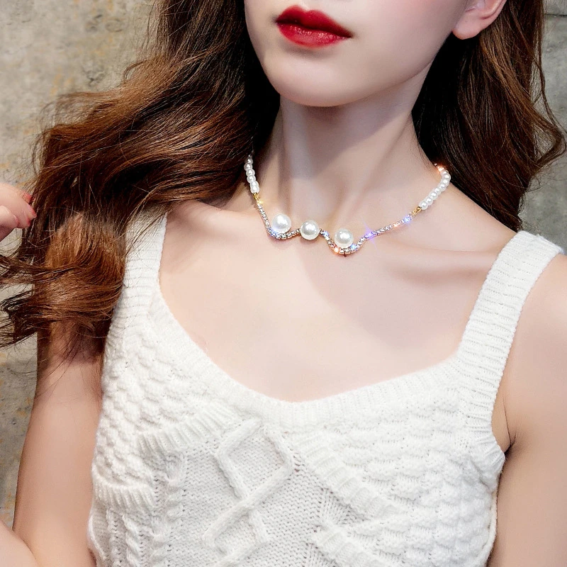 

Fashion Necklaces For Women Korean Rhinestone Wave Simulation Pearl Chain Pendant Necklace Choker Wedding Jewelry Collared Mujer