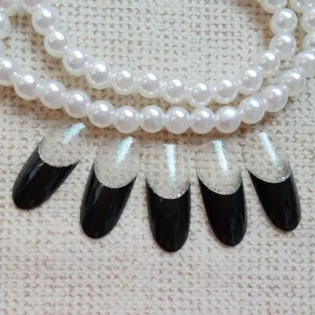 

Shiny Black Fake Nail Oval Top Full Cover False Nails Clear Glitter French DIY Nail Manicure Tools 24Pcs Z123
