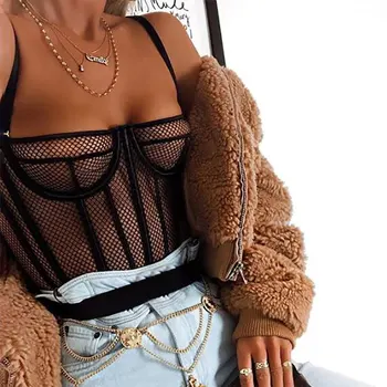 

BKLD 2019 New Sexy Fishnet Bodysuit Black Mesh Womens See-though Transparent Sheer Jumpsuit Fashion Sleeveless Striped Body Tops