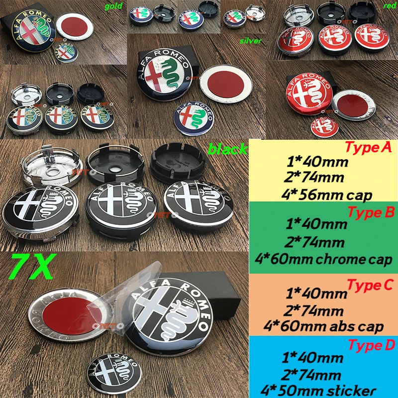 

Car Accessorie new 7X car Alfa Romeo emblem 74mm Front/rear Emblem 40mm Steering wheel sticker 56mm 60mm wheel center cap covers