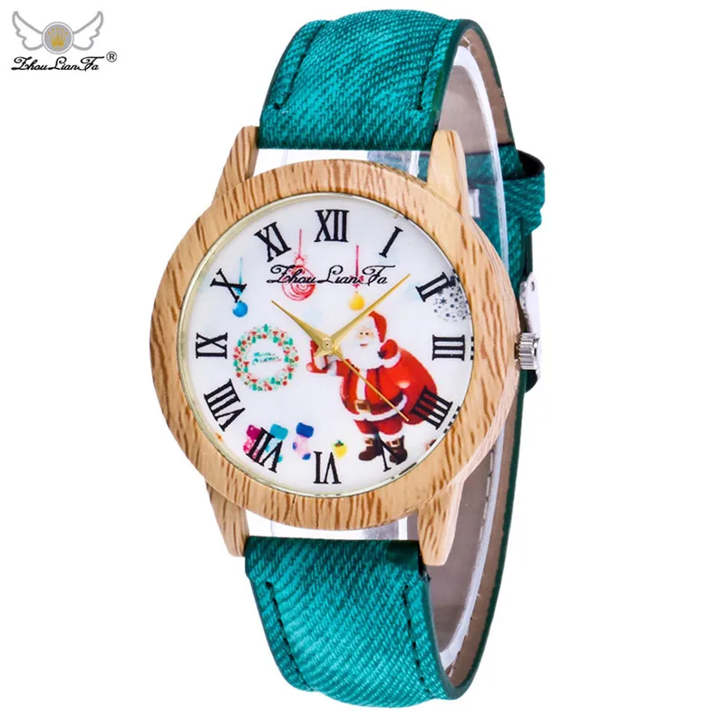 

Hot Watches Women Christmas Elderly Pattern Wood Grain Denim Band Analog Quartz Vogue Watches Christmas Gift Relogio Feminino