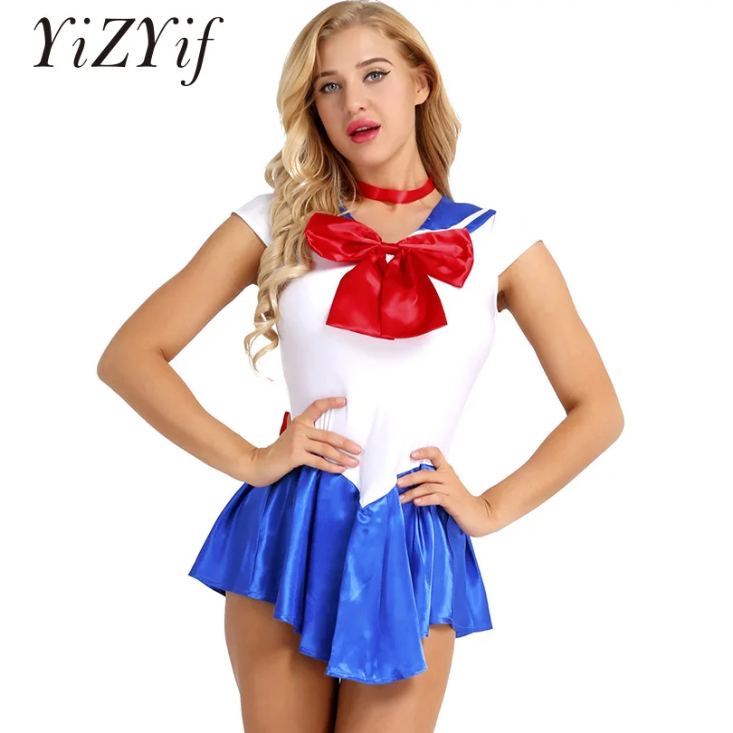 Online YiZYiF vestido Cosplay tipo anime Sailor Moon disfraz Cheer falda fantasía adulto uniformes disfraces de Halloween Sailor escolar Girl vestido