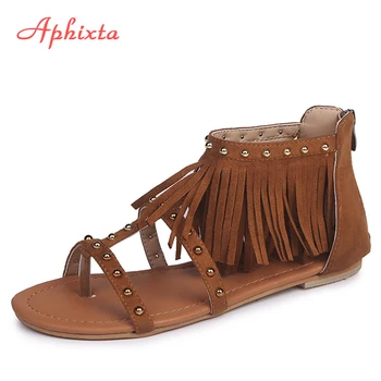 

Aphixta Gladiator Sandals Women Rivet Summer Sandales Femme Cover Flat Heel Shoes Fringe Beach Sandals Shoes Wome Big Size 35-43