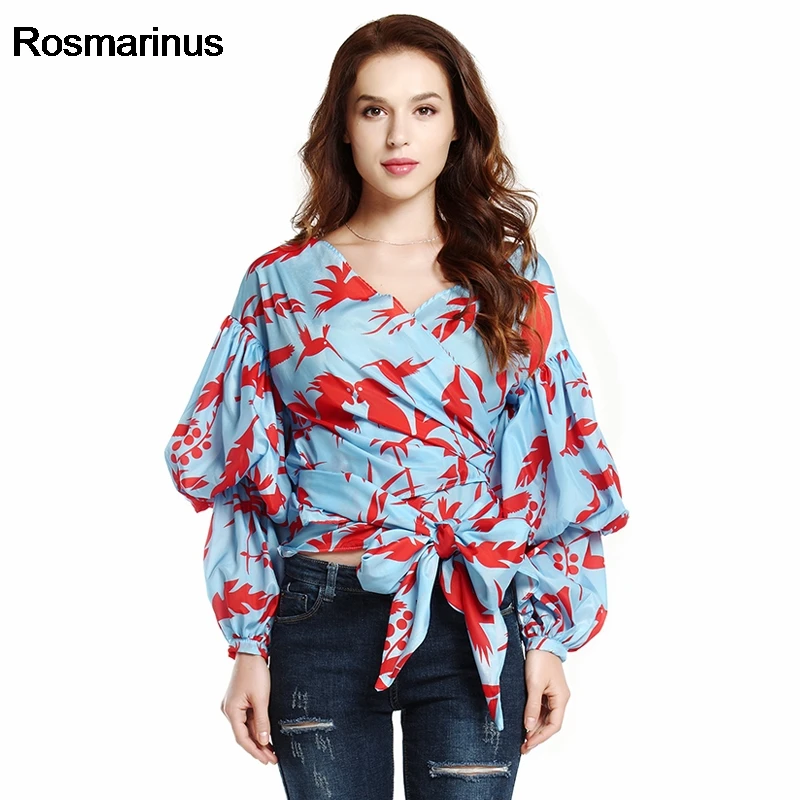 

2018 Blouse Womens Lantern Sleeve Bow Belted Birds Print Chemise Femme Wrap Chiffon Blouse Womens Long Sleeve Tops Blouse Women