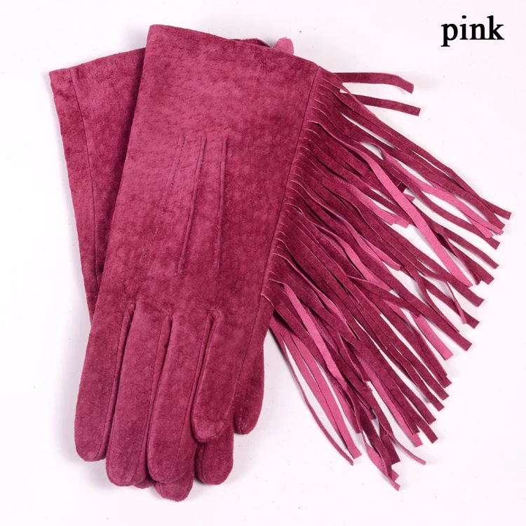 Весенние женские короткие перчатки из натуральной свиной кожи и замши с кисточками, женские теплые бархатные фиолетовые классические перчатки из нубука в стиле панк