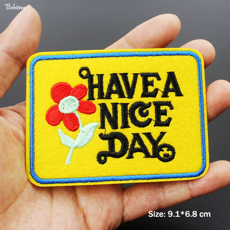 

Have A Nice Day Yellow Patches for Cloth Iron On Embroidered Badges Appliques for Jacket Jean Decoration Stickers