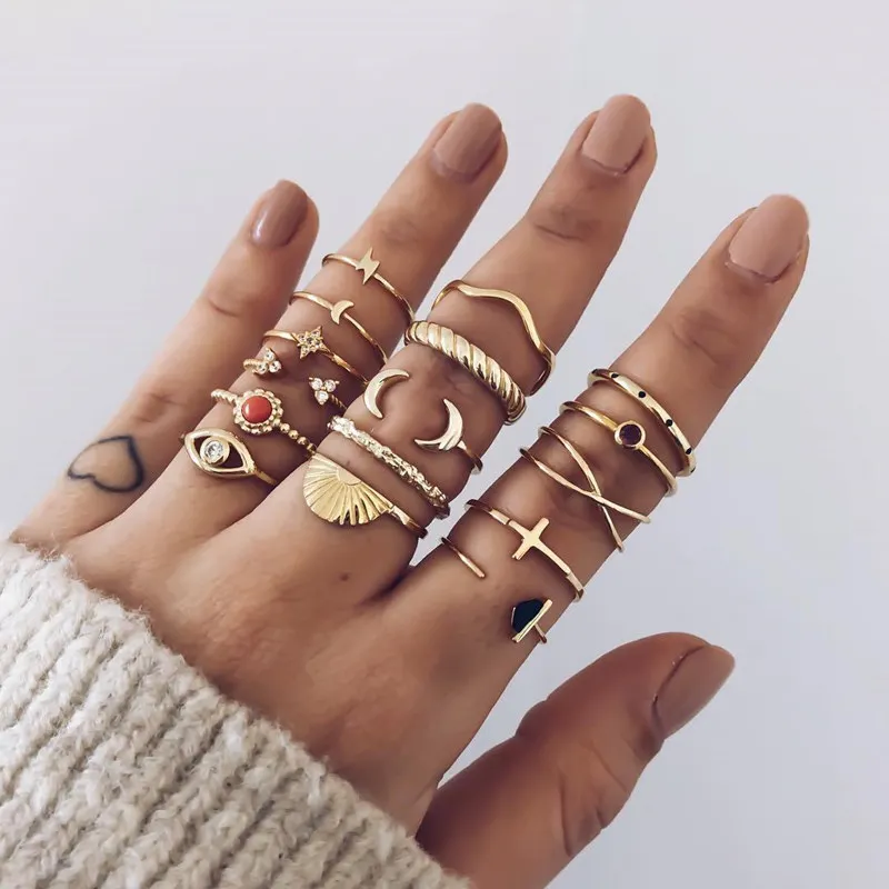 

16 Pcs/set Bohemian Crystal Star Moon Lightning Cross Gem Ring Set Party Geometry Gold Rings for Women Punk Jewelry Accessories