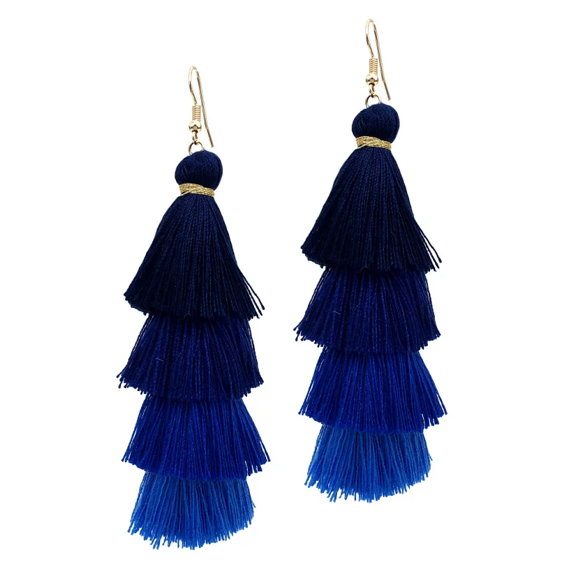 Manilai 6 цветов выбор Bohemia 4 слоистых Многоцветный кисточкой Длинные Серьги Модные украшения хлопок бахромой мотаться для Для женщин - Окраска металла: Blue