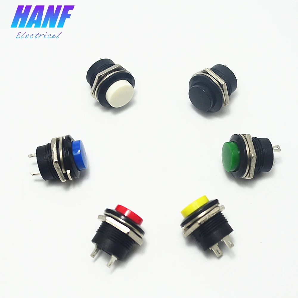 6pcs 16mm 1NO 3A/250V Momentary High Head Plastic Push Button Switch 2 Pins Red Blue Green Yellow White Black
