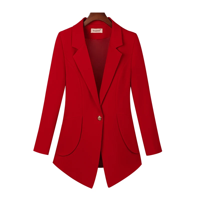 Женский однотонный Блейзер размера плюс с длинным рукавом, Женские топы и блузки, повседневный необычный приталенный пиджак Feminino - Цвет: red