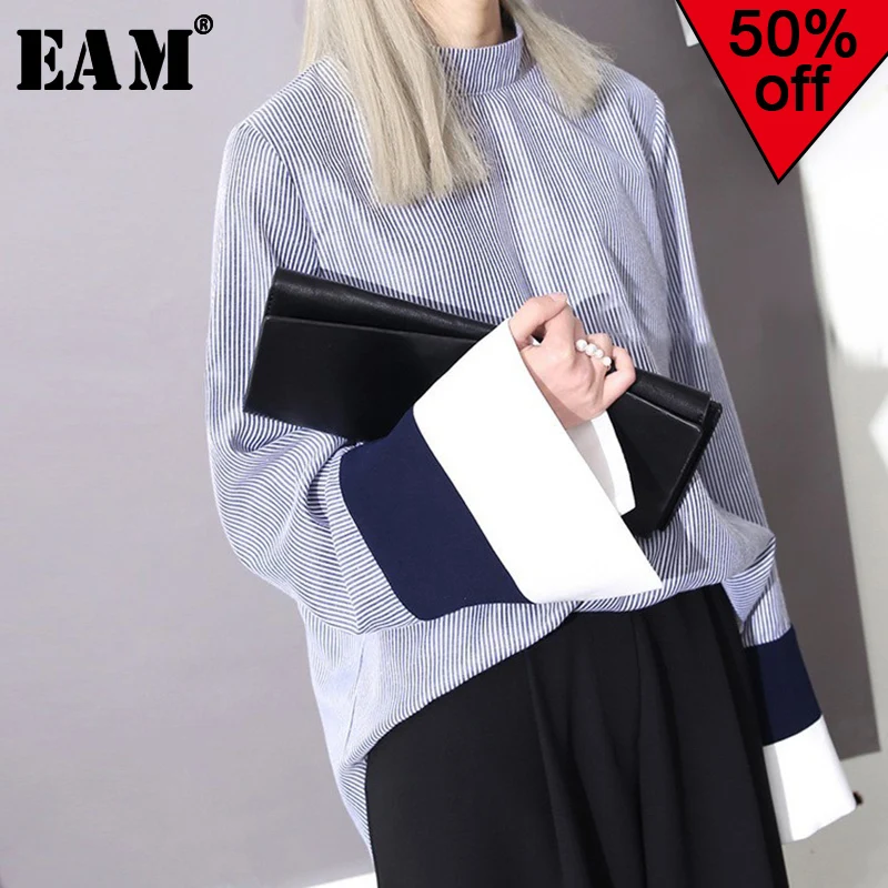 

[EAM]2019 Spring Summer Elegance Temperament Cuffs Hit Color Striped Asymmetric Spell Color Collar Striped Shirt Top Female 4C0