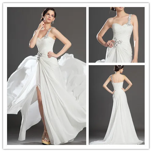 

All White Prom Dress One Shoulder Thigh High Slit Dress Evening Party Gowns Crystal Beaded Backless Sweet Junior Girls