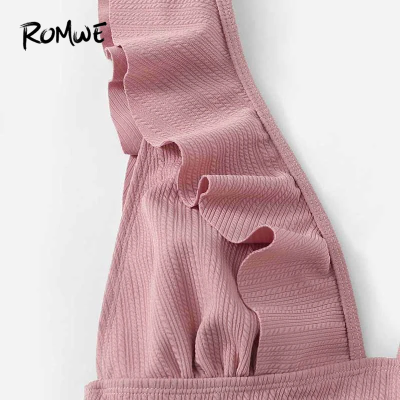 Romwe Спортивный Розовый Одноцветный купальник с глубоким вырезом и рюшами, слитный купальник для женщин, летний, без косточек, монокини, пляжная одежда, купальник