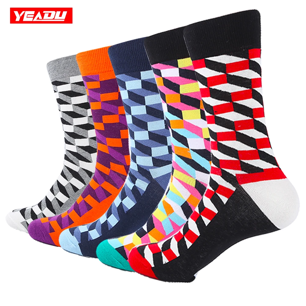YEADU, 5 пара/лот, цветные забавные носки, мужские хлопковые носки, новинка, рисунок, популярные, Harajuku, длинные носки, вязанные, гольфы, свадебный подарок