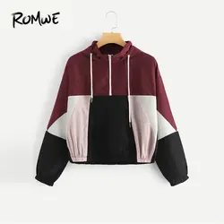 ROMWE Colorblock Drawstring Drop Shoulder куртка с капюшоном 2019 для женщин демисезонный пальто длинными рукавами Стильная верхняя одежда на молнии