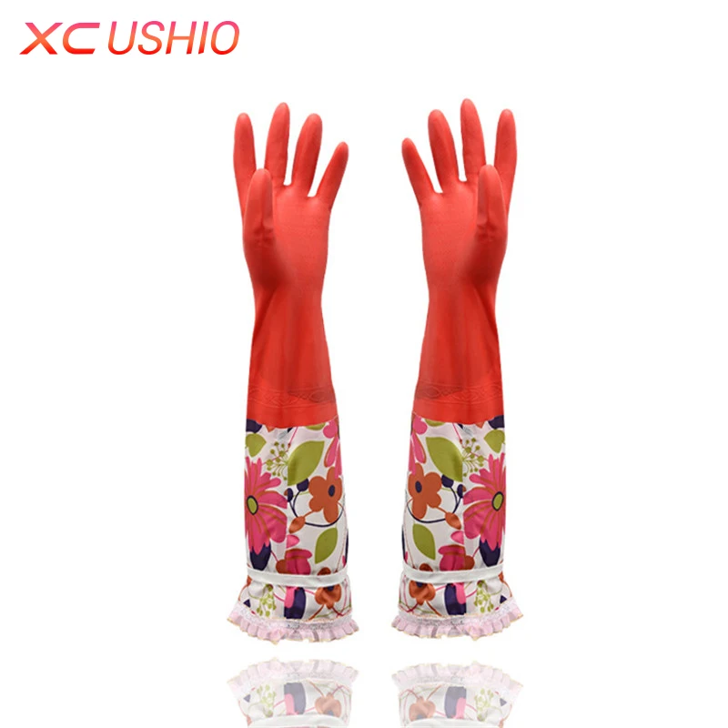 

Long Sleeve Durable Waterproof Household Cleaning Gloves Winter Velvet Dishwashing Warm Gloves Magic Tape Kitchen Gloves