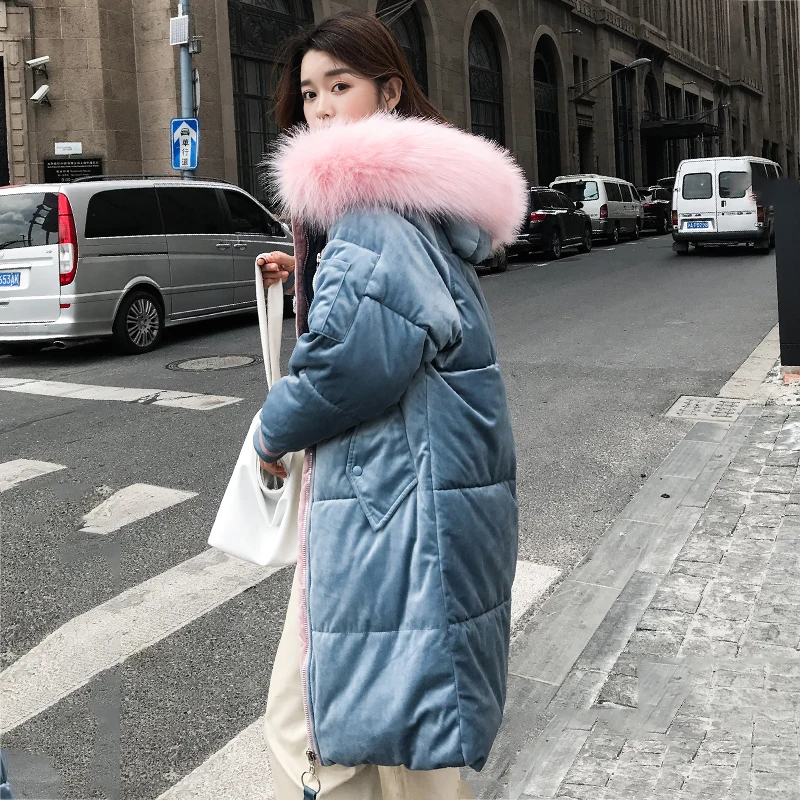 Высококачественная женская зимняя куртка бархатная с меховым капюшоном теплая плотная парка длинное пальто парки с хлопковой подкладкой
