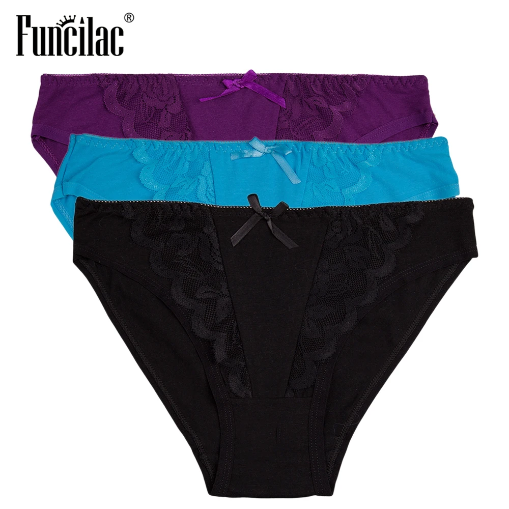 

FUNCILAC Brand Underwear Women Lace Patchwork Briefs For Women Sexy Cotton Panties Breathable Simple Solid Female Lingerie 3pcs