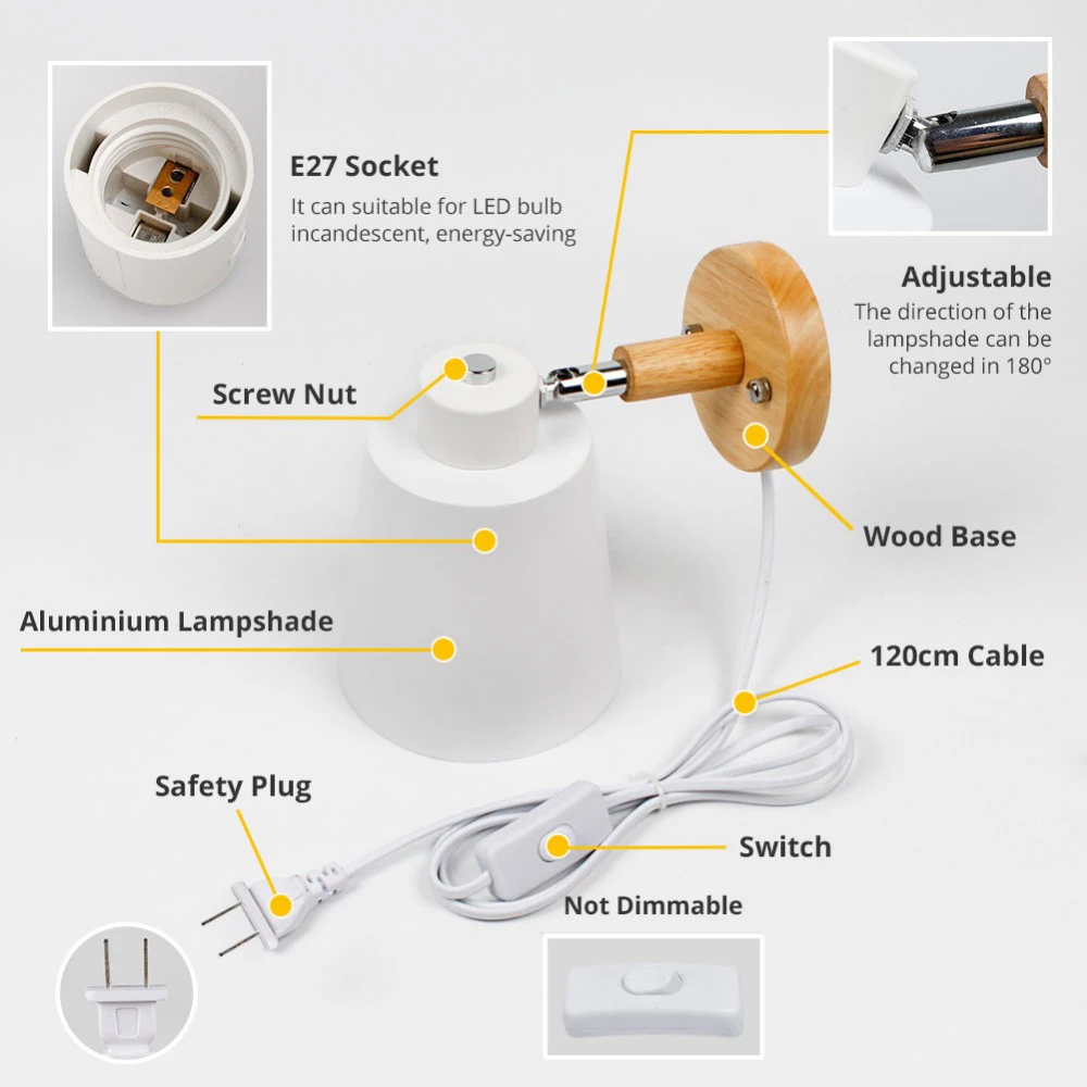 Деревянная настенная лампа с вилкой и кабелем 1,2 метров с переключателем с ручкой креативный прикроватный настенный светильник с вилкой США/ЕС 10 см деревянная основа