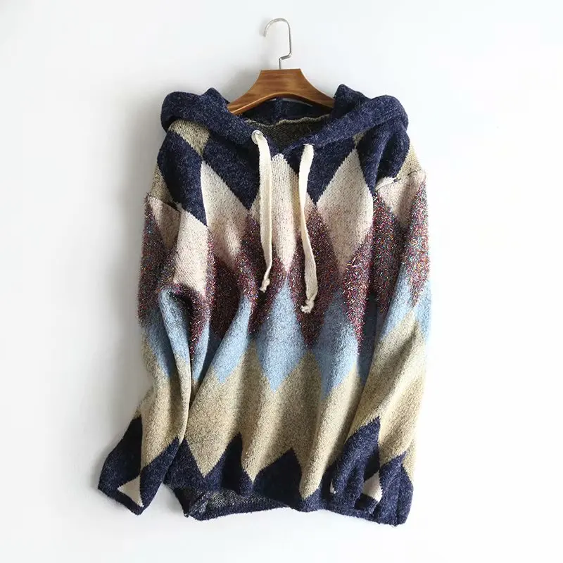 

Casual Women Sweater Geometric Panelled Hooded Collar Knitted Pullovers Long Sleeve Warm Coat Feminine 2018 Veste Femme