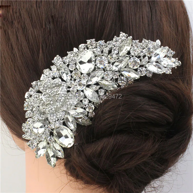 TREAZY Vintage Large Floral Bridal Hair Combs Rhinestone Crystal Wedding Tiara Hair Jewelry European Design Hair Accessories