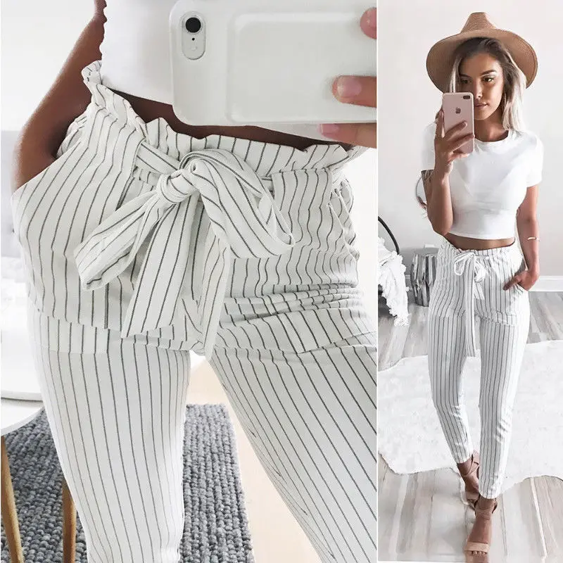 

Fashion Casual Women Ladies High Waist Elastic Pencil Pants Casual Lady Solid Striped Pencil Trouser White