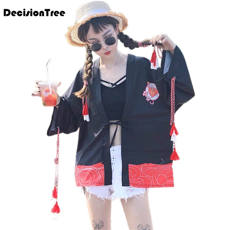 2019 donne di estate casuale vintage kimono cardigan delle signore crochet di trasporto del giappone kimono preto allentato flora stampato camicetta top nero