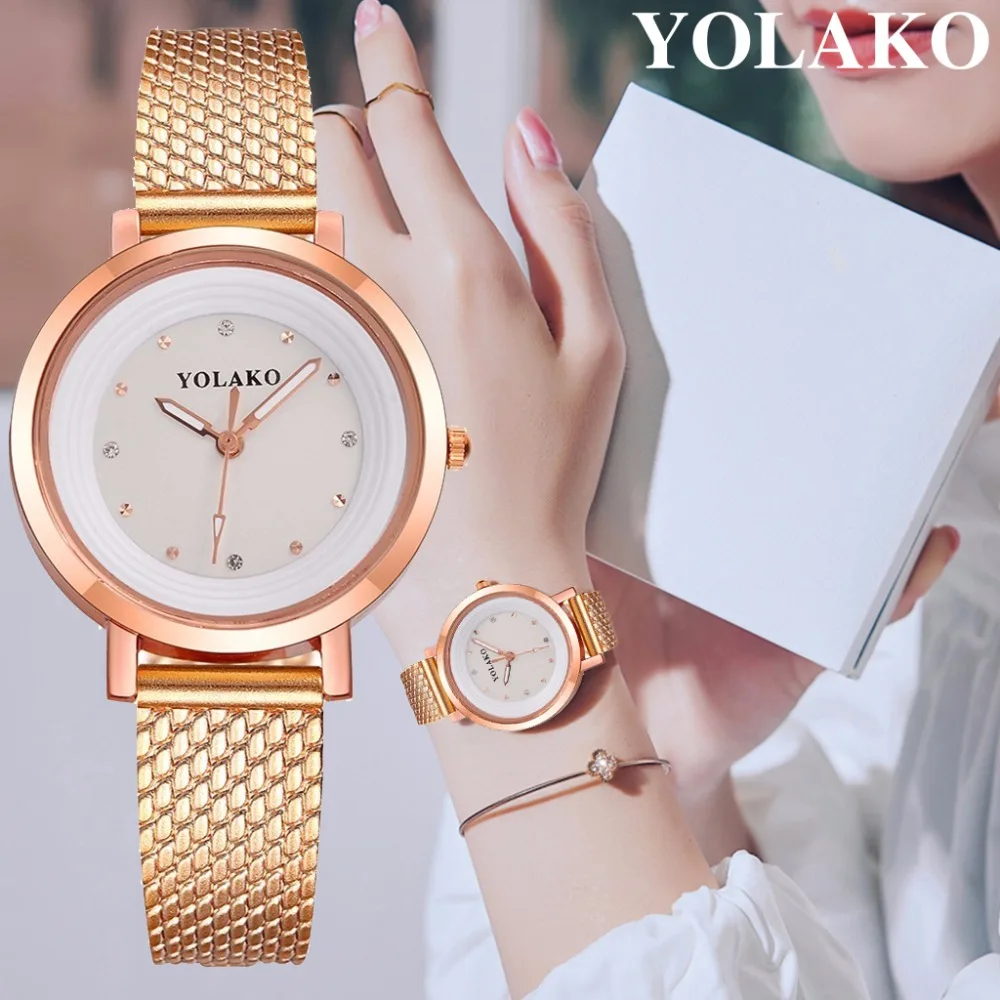 

YOLAKO Brand Fashion Rose Gold Women Rhinestone Wrist Watch Luxury Plastic Leather Quartz Watches Relogio Feminino Hot Sale