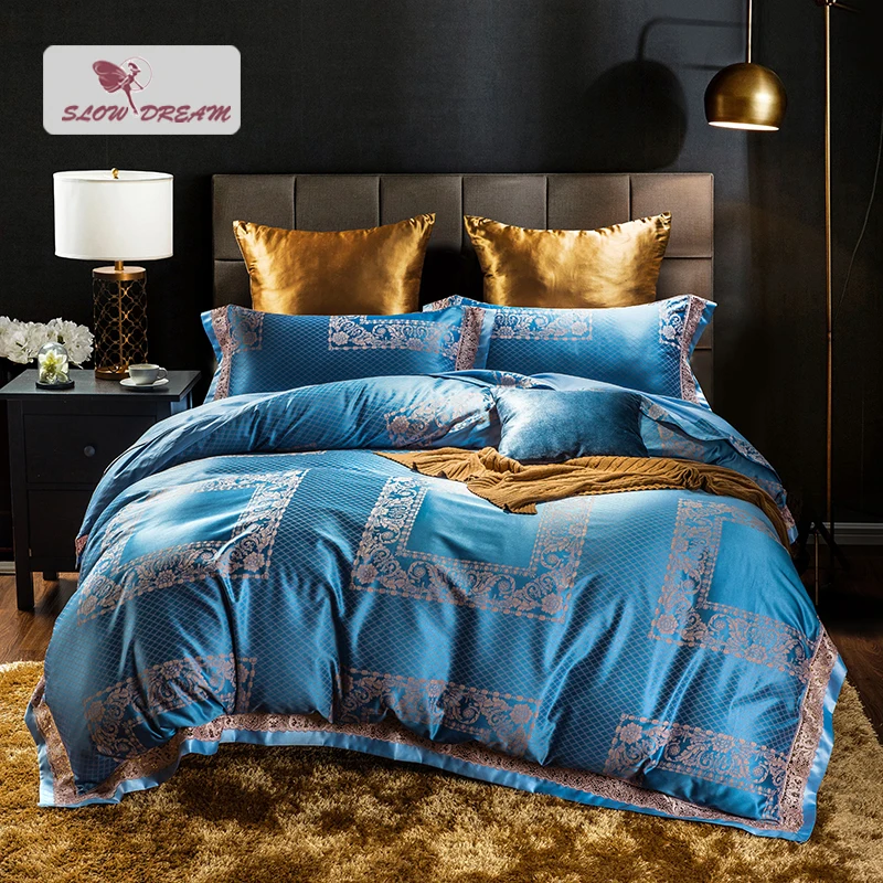 

SlowDream Blue Lace Decor Bedding Set Silk Bedspread Bed Linen Cotton Pillowcase Bed Sheet Duvet Cover Set Double Queen King