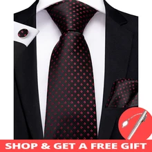 DiBanGu роскошный мужской галстук в черный красный горошек шелковый галстук для мужчин Hanky запонки галстук Свадебная вечеринка деловой галстук набор MJ-7171