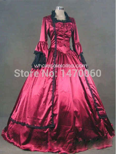 

18th Century Wine Red Satin Marie Antoinette Period Dress Ball Gown/Performance Clothing