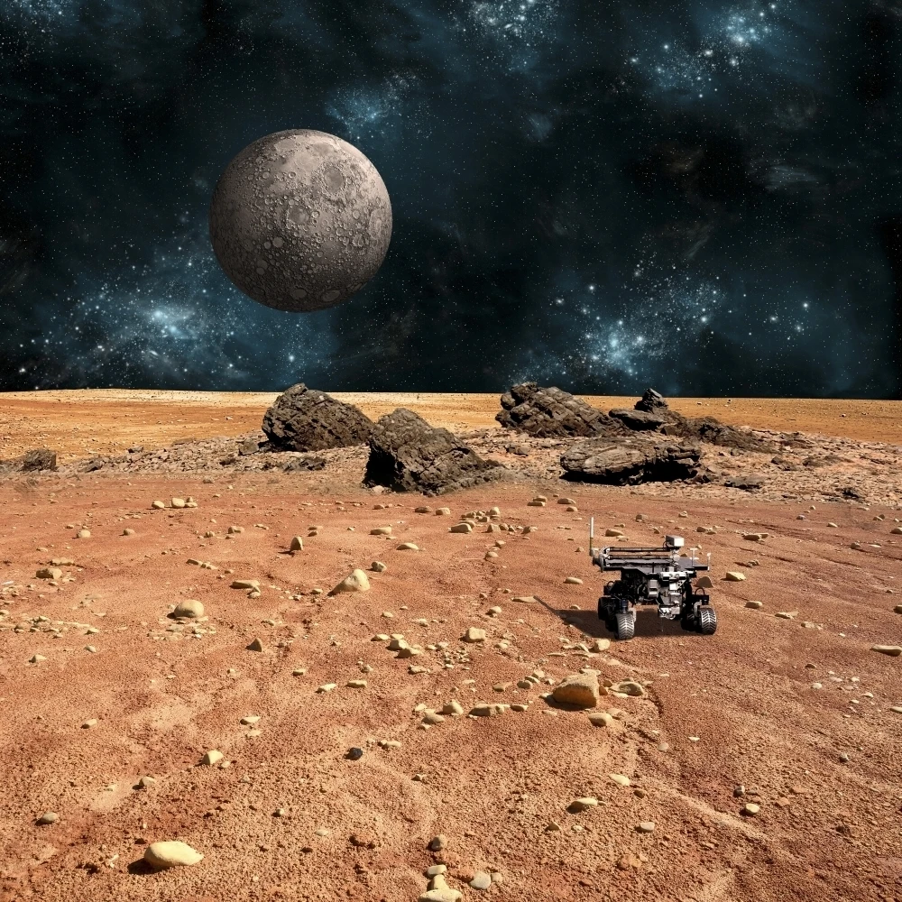 A robotic rover explores an alien world with a cratered moon rising above Poster Print (28 x 28)