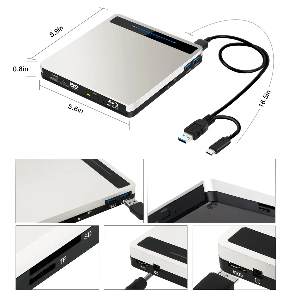 5-in-1 Blu-Ray Drive External Bluray drive Player Burner for Laptop/MacBook/Windows /PC Supports SD TF Card/USB3.0 Transfer