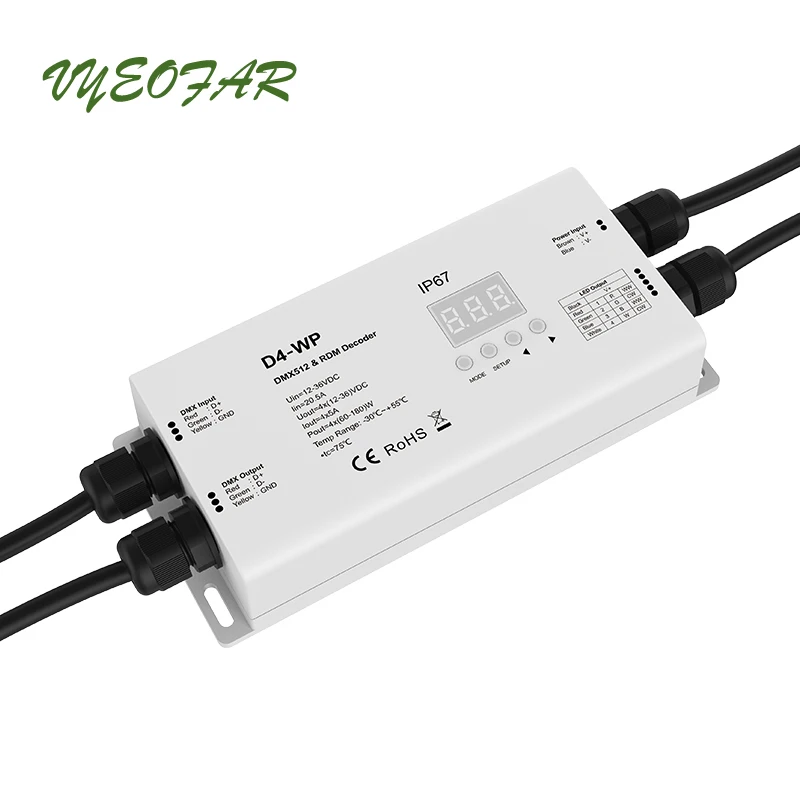Led RGB/RGBW DMX декодер IP67 Водонепроницаемый DC 12V-24V 5A * 4CH 20A 480W Выход открытый Применение