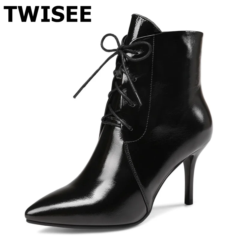 TWISEE Patent Leather Ankle Boots Pointed Toe Genuine Leather Black