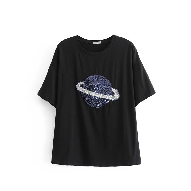 

TX902 Euro Design White Color Sequined Deco Short Sleeve T Shirt Women Summer Korean Chic T-shirts Tops