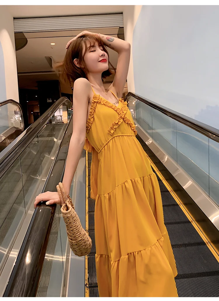 Женское летнее имбирное длинное пляжное платье, милое элегантное платье для отдыха, женский тонкий желтый сарафан, женское винтажное коктейльное подиумное корейское платье