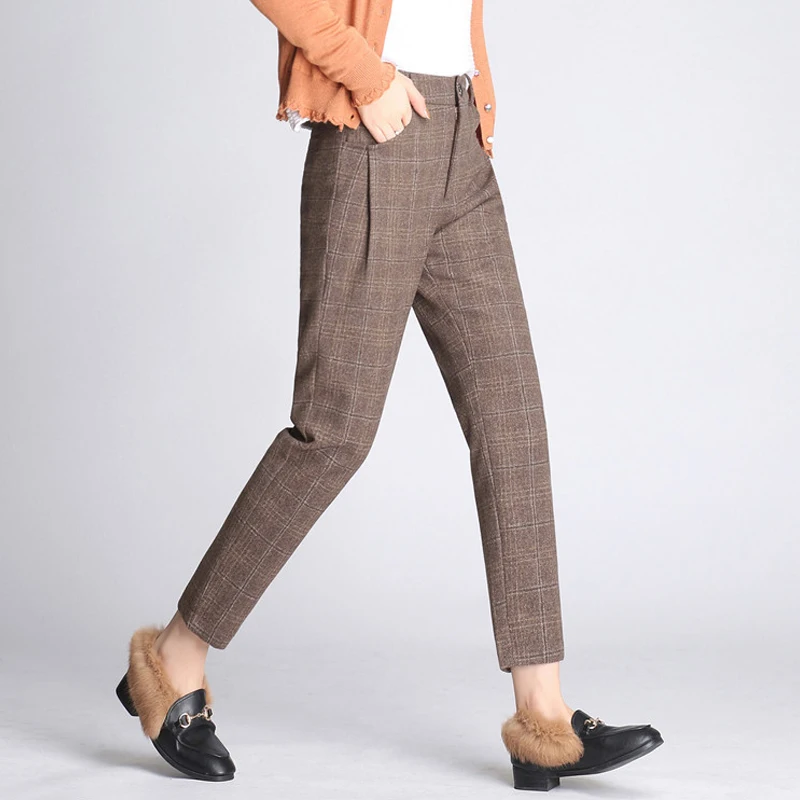 Брендовые Новые осенне-зимние женские шерстяные штаны, винтажные плотные клетчатые женские свободные штаны-шаровары длиной до щиколотки с высокой талией, высокое качество AB046