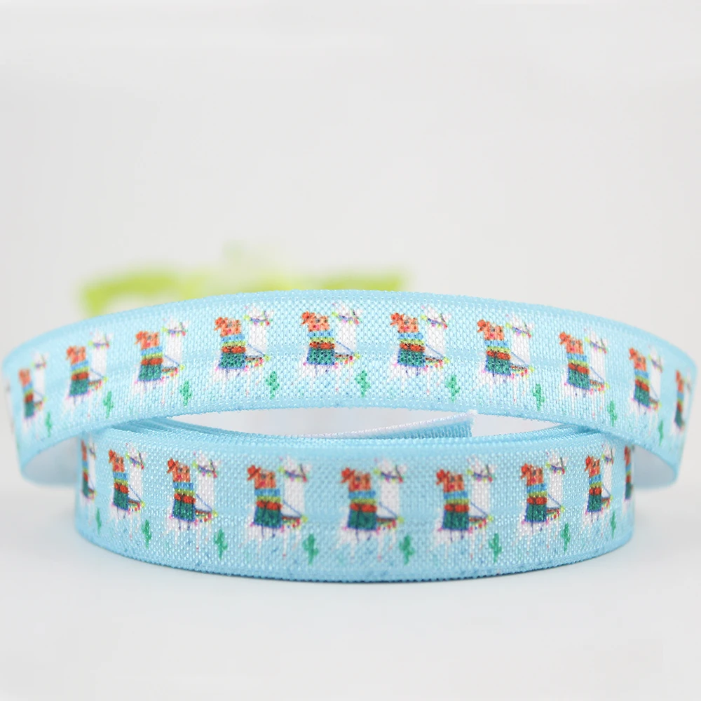 

Cartoon Llamas blue 16mm fold over printed elastic foe ribbon 10 yards 5/8" DIY stretch handmade hair band ribbons