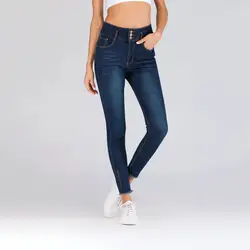 BUYSD синий темно мыть узкие джинсы для женщин 2019 весна высокая посадка на пуговице Fly повседневные женские однотонные длинные узкие брюки