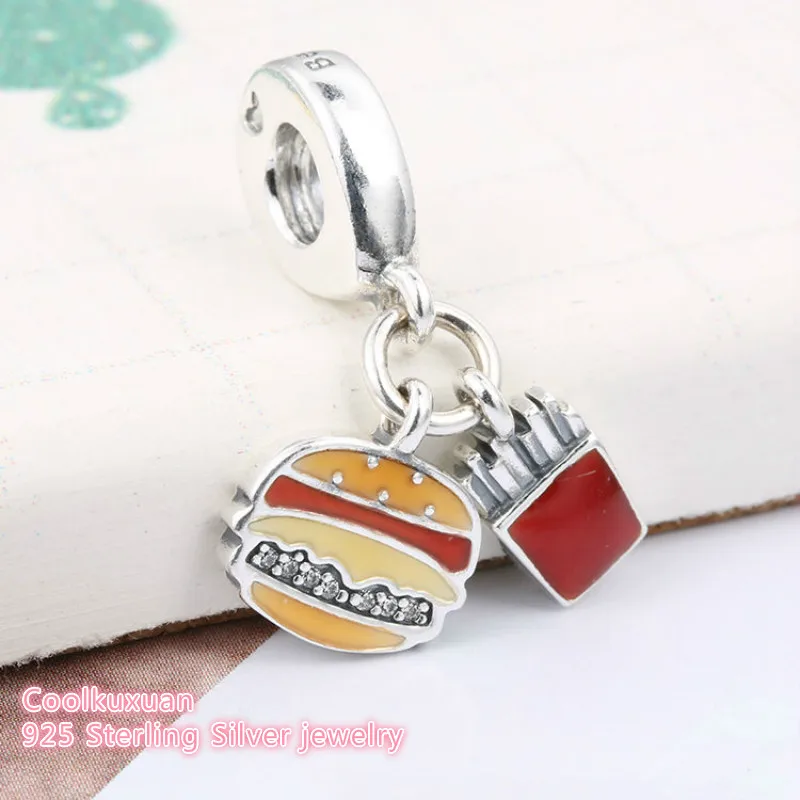 

2019 Summer Authentic 925 Sterling Silver Burger & Fries Dangle Charm, Red, Golden & Yellow Enamel Beads Fit Brand Bracelet