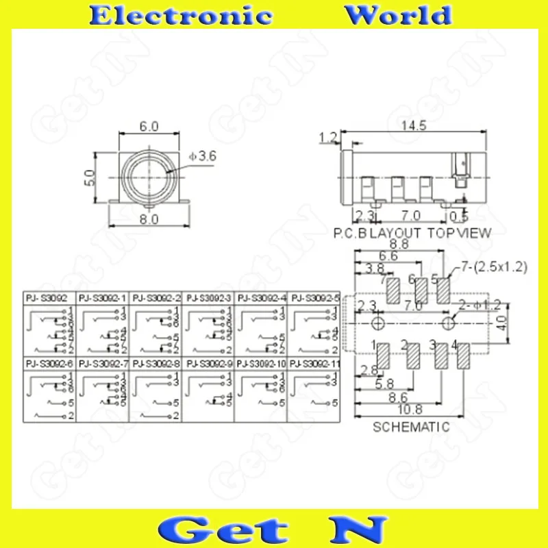 300pcs PJ 393 7Pins 3 5MM HeadPhone Connectors 3 5MM Stereo Audio Socket jacks PJ393 with Column