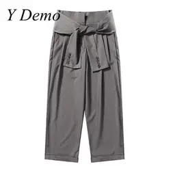 Y Demo новые тонкие с высокой талией узлы кнопки девять штанов женские широкие брюки повседневные брюки