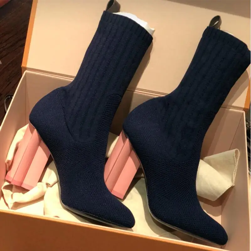 Bottes vert Chaussette Rond Bleu Chic Tricot Vert Femmes Haute Noir bleu Stretch Étrange Cheville Chaussures Talon Femme Bout 2018 XwUx8X