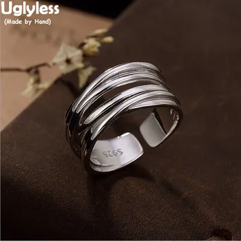 

Uglyless 100% Real Solid 925 Sterling Silver Handmade Irregular Lines Wide Rings for Women Fine Jewelry Hollow 2 Sizes Open Ring
