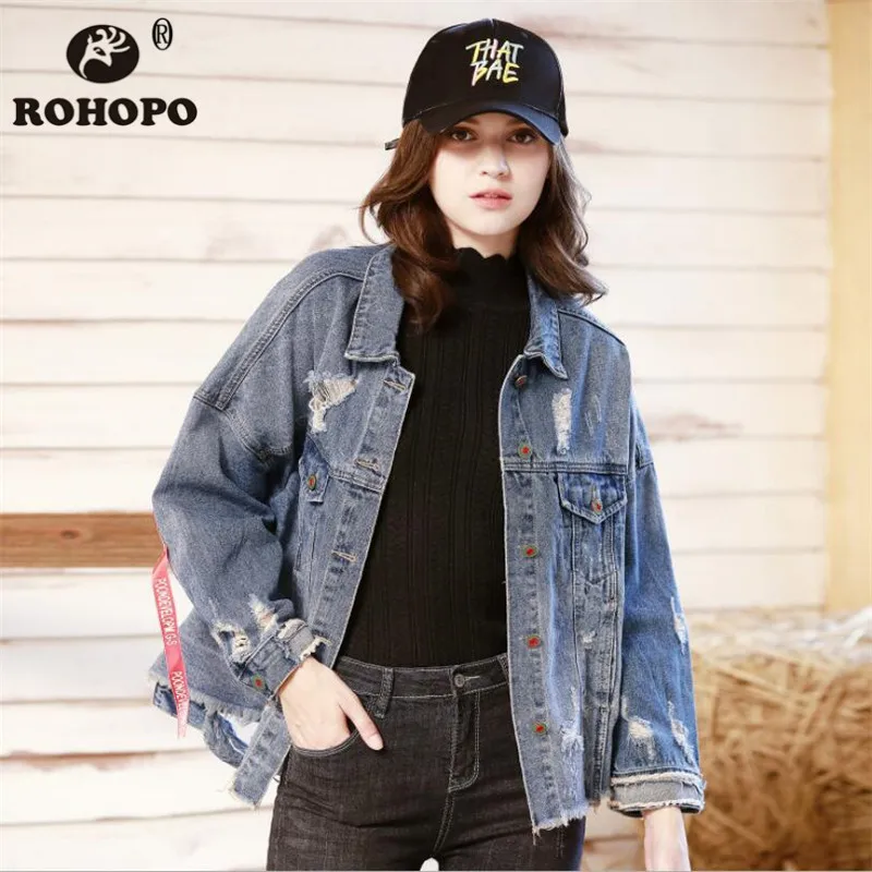 

Embroidery Rabbit Chic Women Jeans Jacket Autumn Hole Vintage Denim Outwear Coat Frayed Female Streetwear Boyfriend Denim Jacket