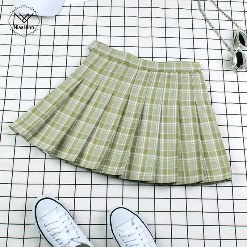 Модные Фруктовые зеленые плиссированные юбки в клетку с высокой талией, джинсовые юбки Harajuku, однотонная трапециевидная Матросская юбка, школьная форма, большие размеры, Новинка