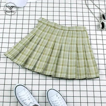 Модные Фруктовые зеленые плиссированные юбки в клетку с высокой талией, джинсовые юбки Harajuku, однотонная трапециевидная Матросская юбка, школьная форма, большие размеры, Новинка