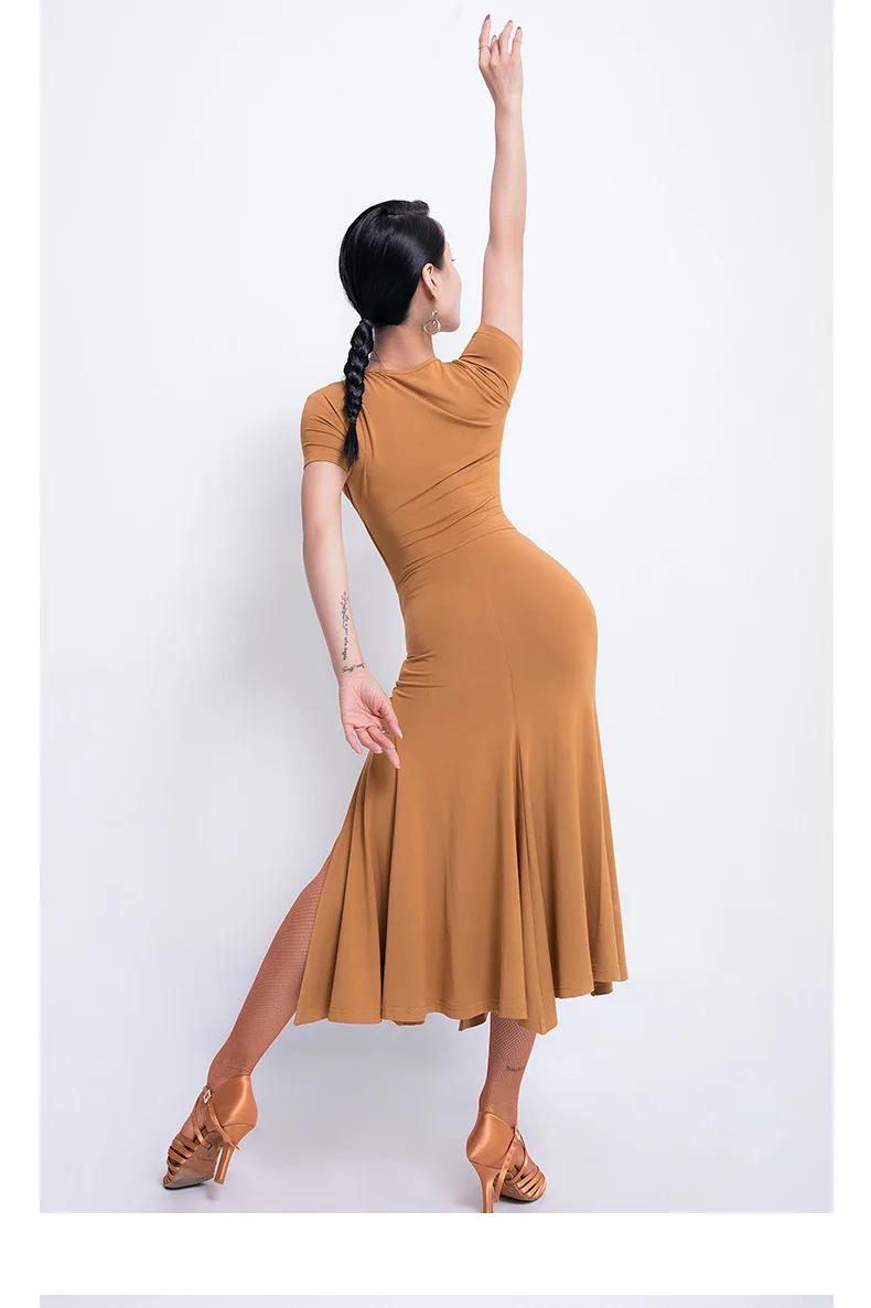 Платье для латинских танцев, с коротким рукавом, для выступлений, танцев, открытая вилка, профессиональная одежда для тренировок, женское нижнее белье