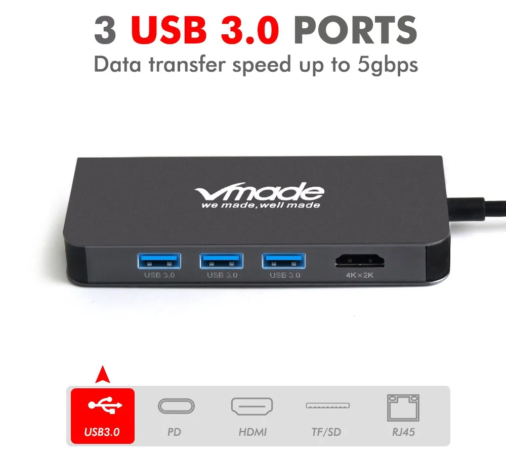 Vmade USB-C концентратор к HDMI адаптер Thunderbolt 3 USB C концентратора док-станция с USB 3,0 концентратор USB PD устройство для чтения карт SD TF для MacBook Pro Тип C